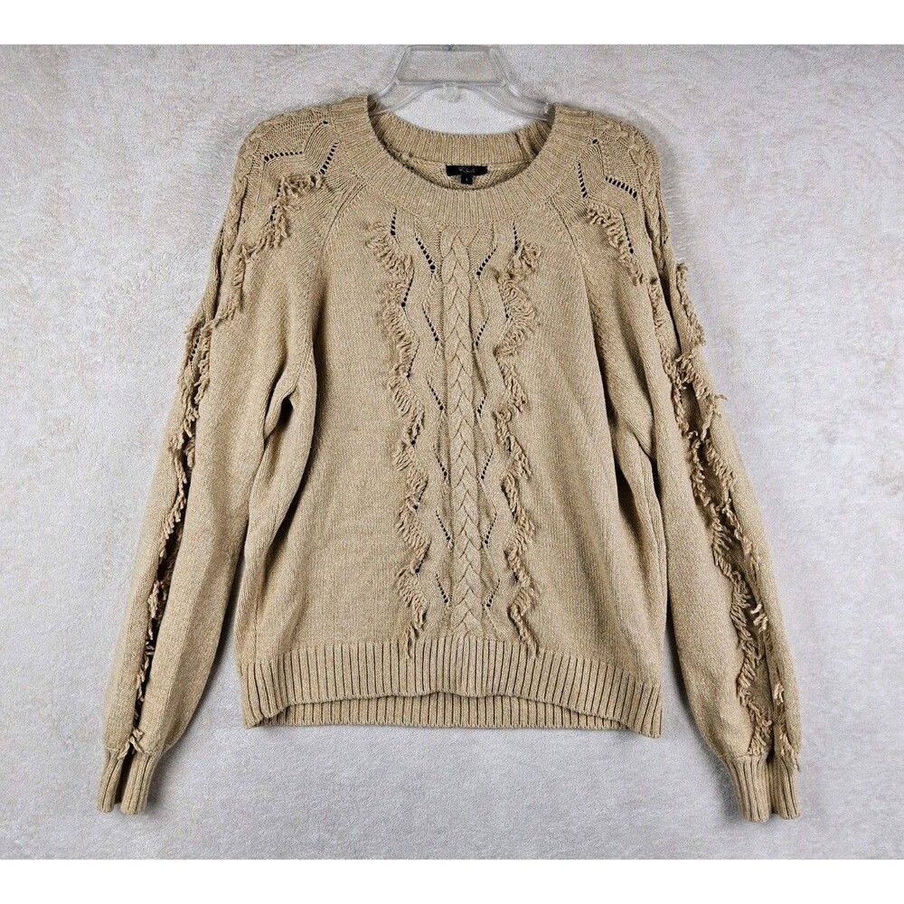 Rails Women's Long Sleeve Fringe Cotton Blend Tan Sweater Size L